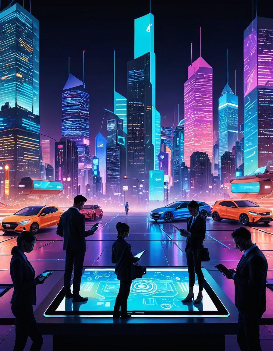 A digital landscape with a diverse group of people using tablets and smartphones to compare insurance policies, surrounded by floating icons representing various insurance types (auto, health, home). Include a backdrop of a futuristic city skyline with bright lights, symbolizing modern technology. The atmosphere should be engaging and approachable, capturing the essence of smart decision-making. vibrant colors. 3D. cyberpunk.