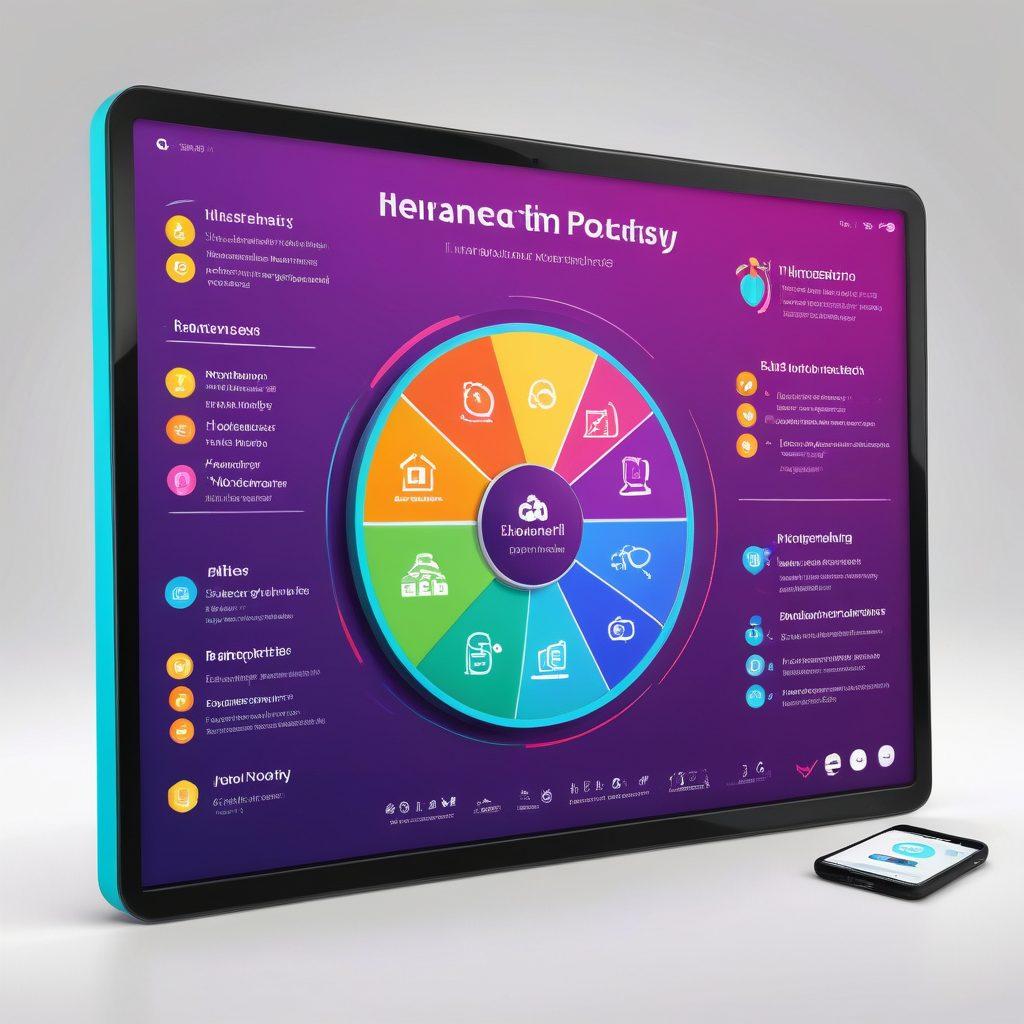 A sleek, modern digital interface displaying various insurance policy options on vibrant screens. Include graphs showing coverage comparisons, icons representing various types of insurance (health, auto, property) and a magnifying glass highlighting the best coverage. The background should be an abstract tech-inspired design, symbolizing the digital transformation in the insurance industry. super-realistic. vibrant colors. 3D.