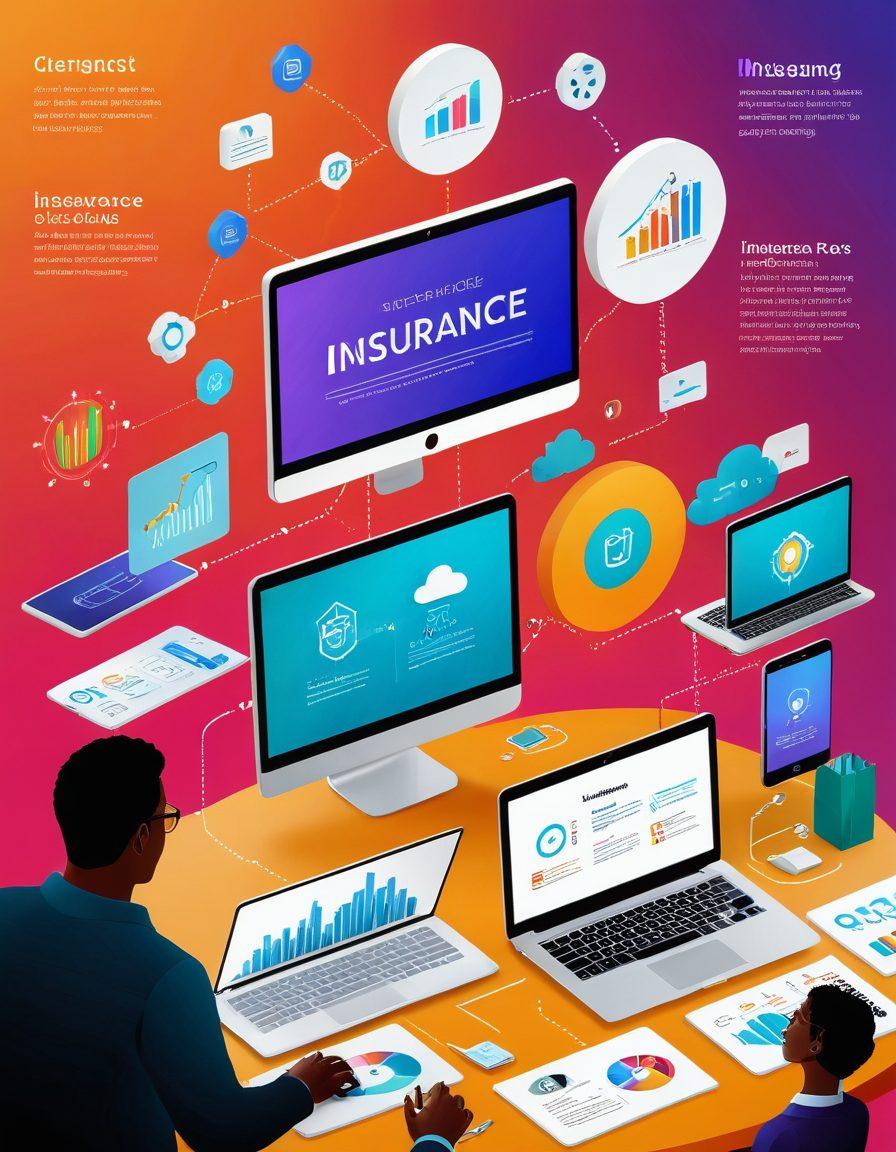 A modern digital landscape showcasing a diverse group of people using various devices to explore insurance options online. Incorporate vibrant infographics highlighting smart strategies and decision-making processes. Illustrate a sense of ease and confidence while navigating through multiple insurance pathways, with a backdrop of sleek technology. Include elements like charts, graphs, and friendly interfaces. super-realistic. vibrant colors. 3D.
